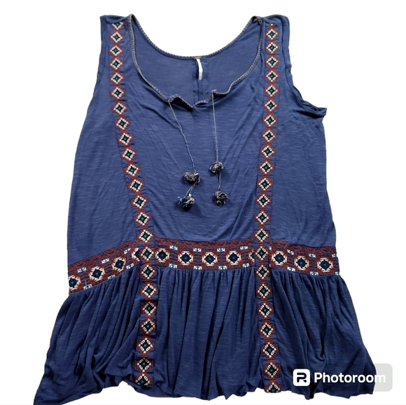 Free People Moonlight Mile Blue Aztec Embroidered Tassel Tunic Top sz L - Picture 4 of 7